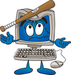 Clip Art Graphic of a Desktop Computer Cartoon Character Being Broken With a Baseball Bat