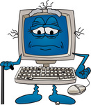 Clip Art Graphic of an Old Desktop Computer Cartoon Character With Keys Falling Off of the Keyboard, Using a Cane