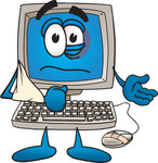 Clip Art Graphic of a Beat up Desktop Computer Cartoon Character With a Black Eye, a Bandage on its Mouse and its Arm in a Sling