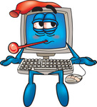 Clip Art Graphic of a Sick Desktop Computer Cartoon Character With a Virus, Sitting With a Pack on His Head and a Thermometer in His Mouth