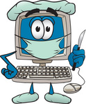 Clip Art Graphic of a Desktop Computer Surgeon Cartoon Character in Scrubs, Holding a Scalpel