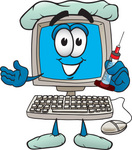Clip Art Graphic of a Desktop Computer Cartoon Character Doctor Holding a Syringe