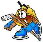 Clip Art Graphic of a Yellow Safety Hardhat Cartoon Character Playing Ice Hockey