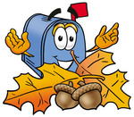 Clip Art Graphic of a Blue Snail Mailbox Cartoon Character With Autumn Leaves and Acorns in the Fall