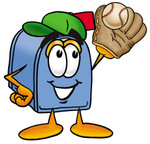 Clip Art Graphic of a Blue Snail Mailbox Cartoon Character Catching a Baseball With a Glove