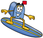 Clip Art Graphic of a Blue Snail Mailbox Cartoon Character Surfing on a Blue and Yellow Surfboard