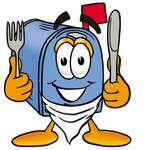 Clip Art Graphic of a Blue Snail Mailbox Cartoon Character Holding a Knife and Fork
