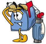 Clip Art Graphic of a Blue Snail Mailbox Cartoon Character Swinging His Golf Club While Golfing