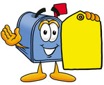 Clip Art Graphic of a Blue Snail Mailbox Cartoon Character Holding a Yellow Sales Price Tag