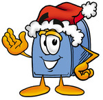 Clip Art Graphic of a Blue Snail Mailbox Cartoon Character Wearing a Santa Hat and Waving