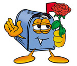 Clip Art Graphic of a Blue Snail Mailbox Cartoon Character Holding a Red Rose on Valentines Day