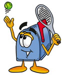 Clip Art Graphic of a Blue Snail Mailbox Cartoon Character Preparing to Hit a Tennis Ball