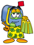 Clip Art Graphic of a Blue Snail Mailbox Cartoon Character in Green and Yellow Snorkel Gear