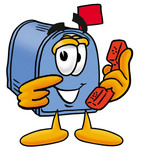 Clip Art Graphic of a Blue Snail Mailbox Cartoon Character Holding a Telephone