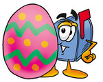 Clip Art Graphic of a Blue Snail Mailbox Cartoon Character Standing Beside an Easter Egg