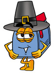 Clip Art Graphic of a Blue Snail Mailbox Cartoon Character Wearing a Pilgrim Hat on Thanksgiving