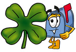Clip Art Graphic of a Blue Snail Mailbox Cartoon Character With a Green Four Leaf Clover on St Paddy’s or St Patricks Day
