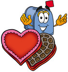 Clip Art Graphic of a Blue Snail Mailbox Cartoon Character With an Open Box of Valentines Day Chocolate Candies