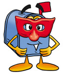 Clip Art Graphic of a Blue Snail Mailbox Cartoon Character Wearing a Red Mask Over His Face