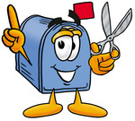 Clip Art Graphic of a Blue Snail Mailbox Cartoon Character Holding a Pair of Scissors