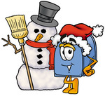 Clip Art Graphic of a Blue Snail Mailbox Cartoon Character With a Snowman on Christmas