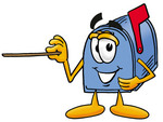 Clip Art Graphic of a Blue Snail Mailbox Cartoon Character Holding a Pointer Stick