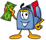 Clip Art Graphic of a Blue Snail Mailbox Cartoon Character Holding a Dollar Bill