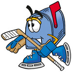 Clip Art Graphic of a Blue Snail Mailbox Cartoon Character Playing Ice Hockey