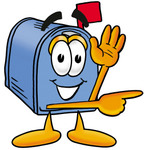 Clip Art Graphic of a Blue Snail Mailbox Cartoon Character Waving and Pointing