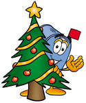 Clip Art Graphic of a Blue Snail Mailbox Cartoon Character Waving and Standing by a Decorated Christmas Tree