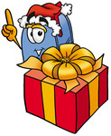 Clip Art Graphic of a Blue Snail Mailbox Cartoon Character Standing by a Christmas Present