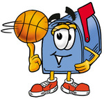 Clip Art Graphic of a Blue Snail Mailbox Cartoon Character Spinning a Basketball on His Finger