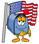 Clip Art Graphic of a Blue Snail Mailbox Cartoon Character Pledging Allegiance to an American Flag