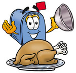 Clip Art Graphic of a Blue Snail Mailbox Cartoon Character Serving a Thanksgiving Turkey on a Platter