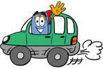 Clip Art Graphic of a Blue Snail Mailbox Cartoon Character Driving a Green Car and Waving