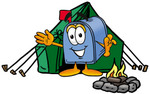 Clip Art Graphic of a Blue Snail Mailbox Cartoon Character Camping With a Tent and Fire