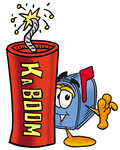Clip Art Graphic of a Blue Snail Mailbox Cartoon Character Standing With a Lit Stick of Dynamite