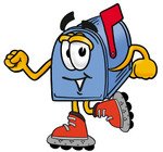 Clip Art Graphic of a Blue Snail Mailbox Cartoon Character Roller Blading on Inline Skates
