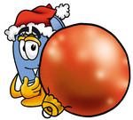 Clip Art Graphic of a Blue Snail Mailbox Cartoon Character Wearing a Santa Hat, Standing With a Christmas Bauble