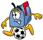 Clip Art Graphic of a Blue Snail Mailbox Cartoon Character Kicking a Soccer Ball