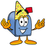 Clip Art Graphic of a Blue Snail Mailbox Cartoon Character Wearing a Birthday Party Hat