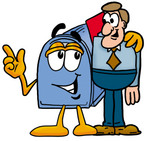 Clip Art Graphic of a Blue Snail Mailbox Cartoon Character Talking to a Business Man