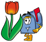 Clip Art Graphic of a Blue Snail Mailbox Cartoon Character With a Red Tulip Flower in the Spring