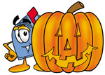 Clip Art Graphic of a Blue Snail Mailbox Cartoon Character With a Carved Halloween Pumpkin