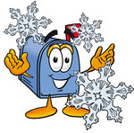 Clip Art Graphic of a Blue Snail Mailbox Cartoon Character With Three Snowflakes in Winter