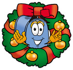 Clip Art Graphic of a Blue Snail Mailbox Cartoon Character in the Center of a Christmas Wreath