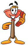 Clip Art Graphic of a Plumbing Toilet or Sink Plunger Cartoon Character Holding a Telephone