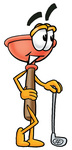 Clip Art Graphic of a Plumbing Toilet or Sink Plunger Cartoon Character Leaning on a Golf Club While Golfing
