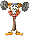 Clip Art Graphic of a Plumbing Toilet or Sink Plunger Cartoon Character Holding a Heavy Barbell Above His Head