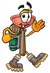 Clip Art Graphic of a Plumbing Toilet or Sink Plunger Cartoon Character Hiking and Carrying a Backpack